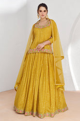 Exclusive designer yellow pure georgette dress with deatiled embroidery and work with premium net and lace duppatta